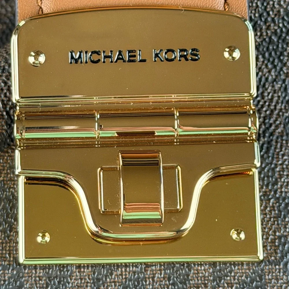 Michael Kors Addie Large Hobo Bag Brown Signature Logo Leather Trim Gold